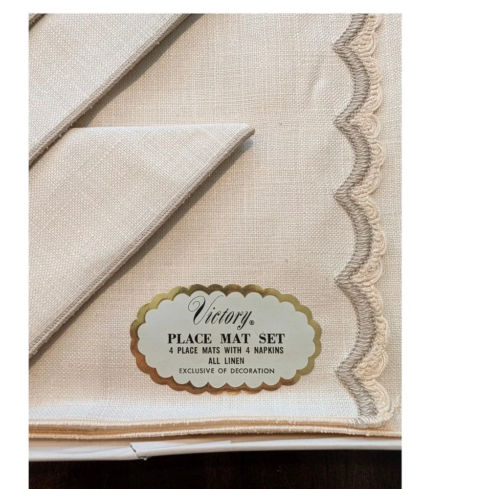 2 Vintage Linen Placemat Napkin Sets Cream Floral Scalloped MCM Unused